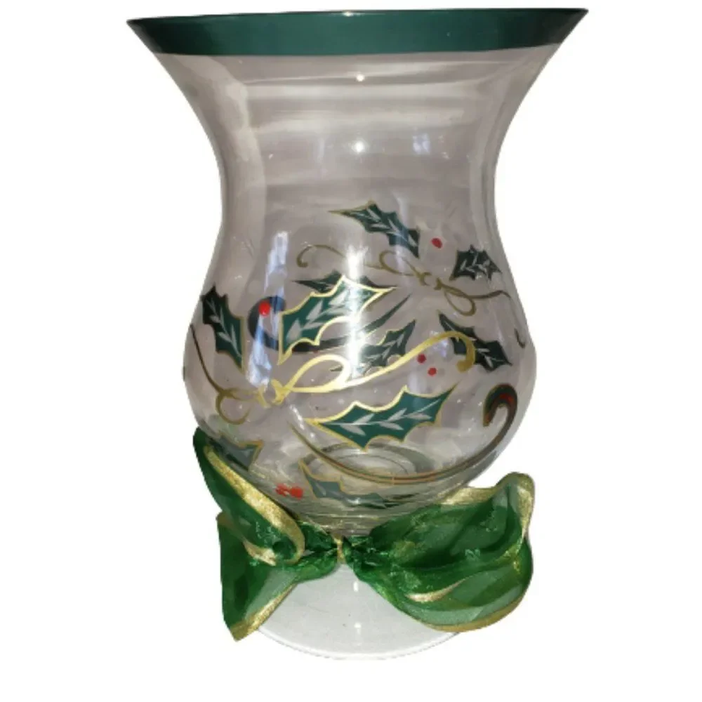Lenox Holiday Spirit Hurricane with Ribbon Holly Crystal Candle Holder  NIB